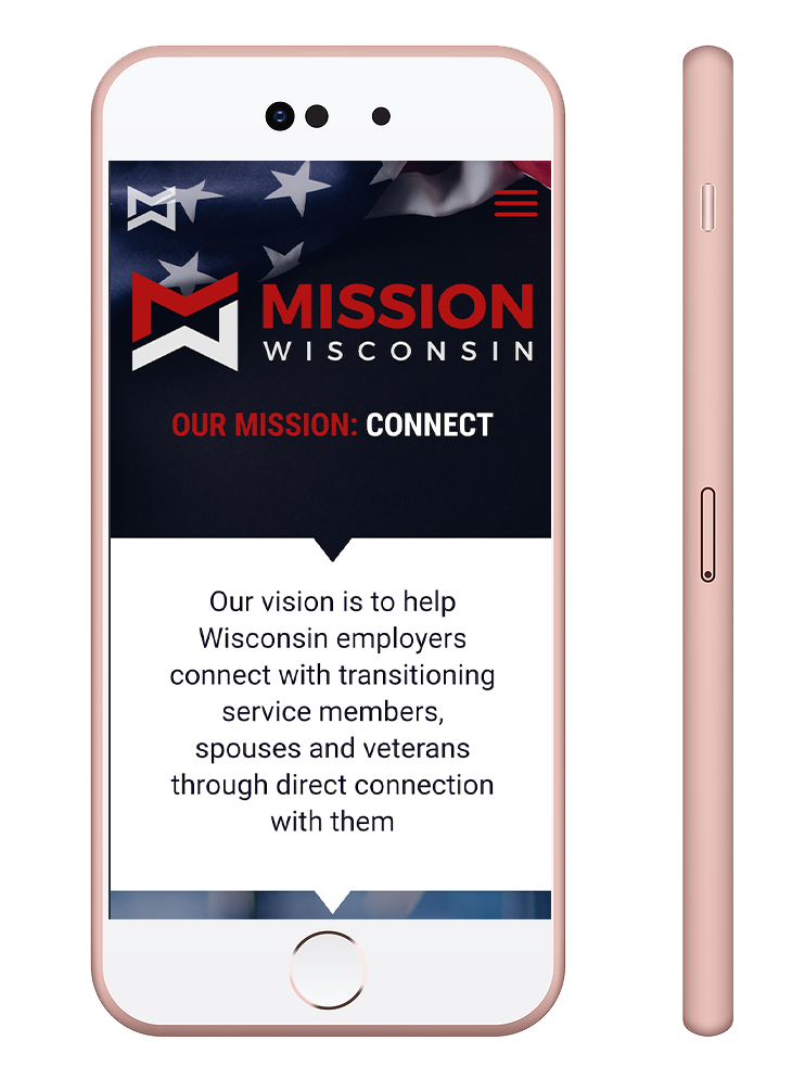 A vertical smartphone showing the homepage of the Mission Wisconsin website