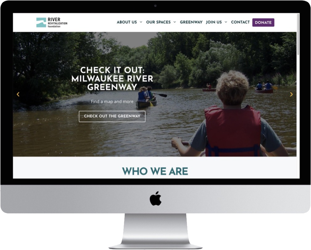 River Revitalization Foundation's homepage on a widescreen computer monitor
