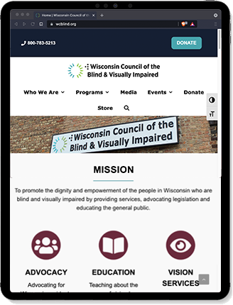 The homepage of the Wisconsin Council of the Blind & Visually Impaired's website on a a tablet