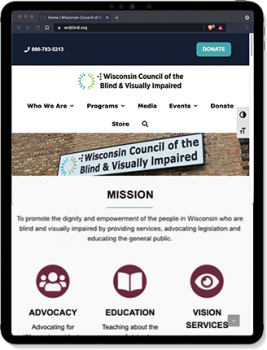 The homepage of the Wisconsin Council of the Blind & Visually Impaired's website on a a tablet